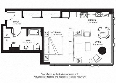Floor plan for studio, 1 bath, 745 sqft